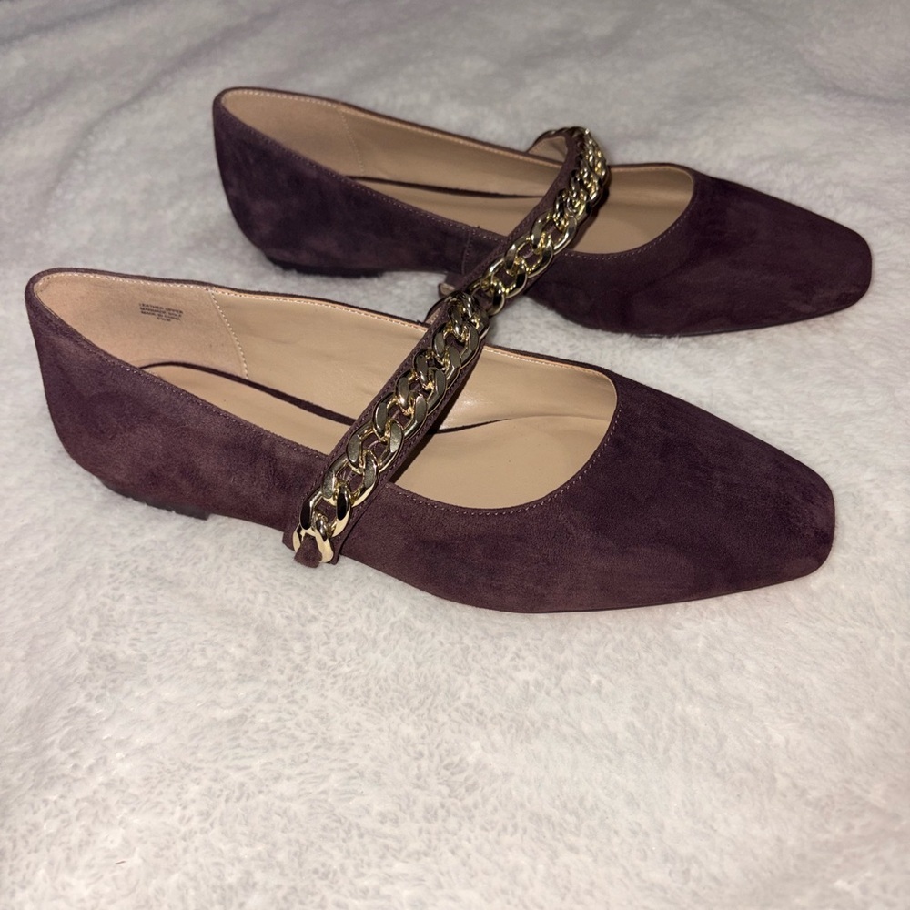 Ann Taylor Chocolate Suede Mary Jane Flats w/Gold Chain Size 6.5 Squared Toe